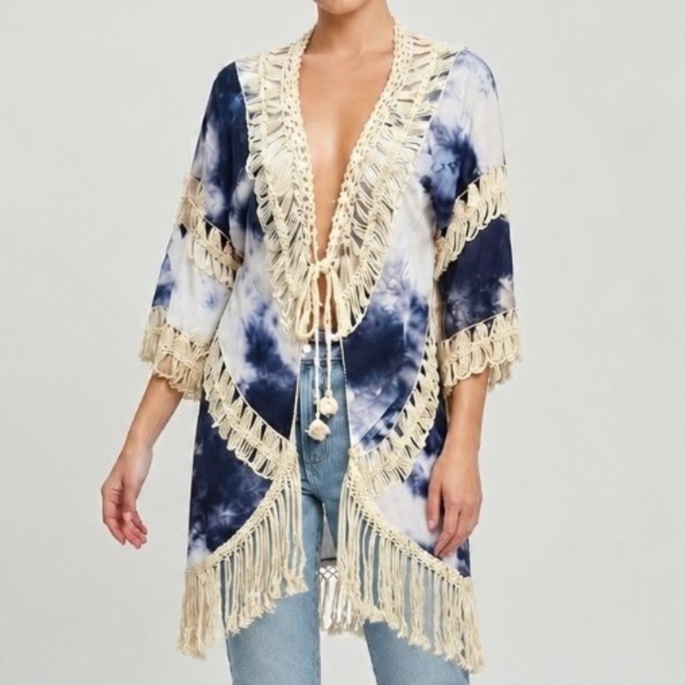 Love J Tie Dye Crochet Fringe Kimono Women's Small Blue Boho Festival Ethereal
